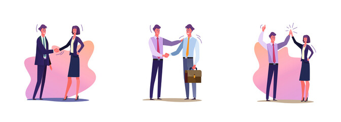 Poster - Set of business people shaking hands. Flat vector illustrations of men and women greeting each other in suits. Business deals and partnership concept for banner, website design or landing web page
