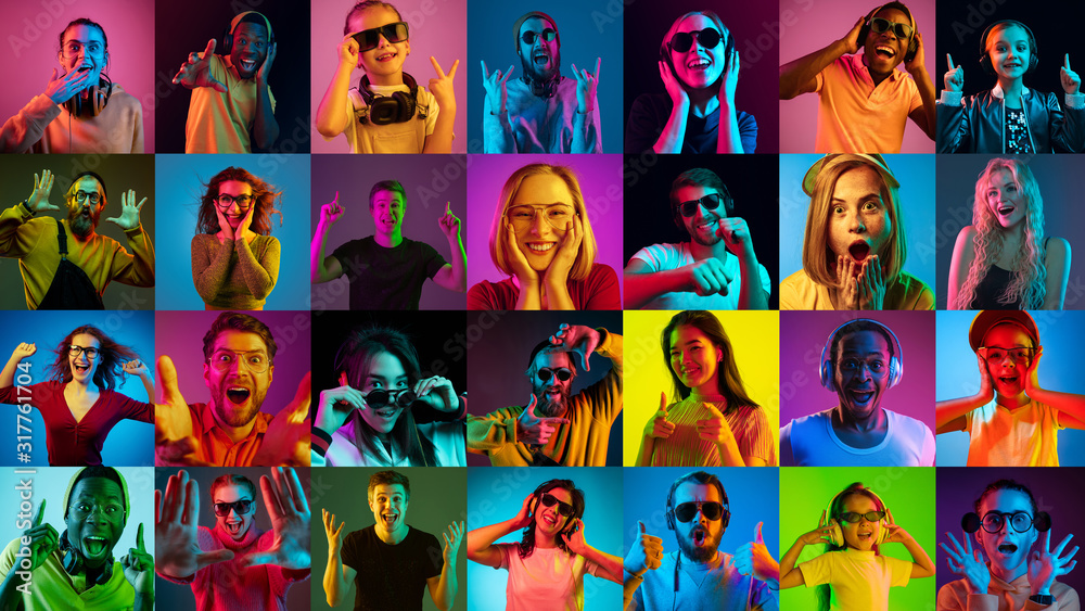 Portrait of multiethnic group on multicolored background in neon light. Flyer, collage made of 16 models. Concept of emotions, facial expression, sales, advertising. Celebrating, pointing, smiling. - obrazy, fototapety, plakaty 