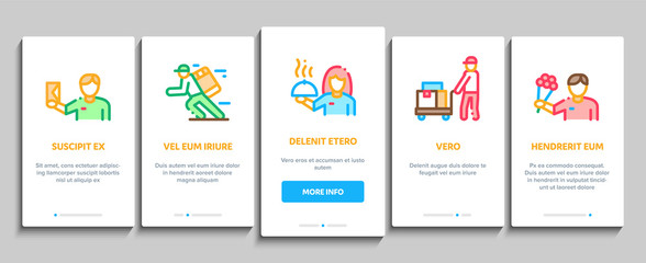 Poster - Courier Delivery Job Onboarding Mobile App Page Screen Vector. Courier On Scooter And Bicycle, Truck And Agreement, Weight Box And Flowers Concept Linear Pictograms. Color Contour Illustrations