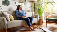 Young Pregnant Woman Browsing The Internet On Her Sofa