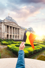 Wall Mural - Woman holding Belgium flag in the background of the royal palace in Brussels