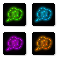 Glowing neon line Speech bubble with chat notification icon isolated on white background. New message, dialog, chat, social network notification. Black square button. Vector Illustration