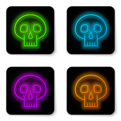 Sticker - Glowing neon line Skull icon isolated on white background. Black square button. Vector Illustration