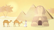 Egyptian Sphinx and Pyramids. Desert. A man leads camels through the desert. 