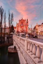 Franciscan Church Of The Annunciation And The Triple Bridge Over The Ljubljanica River, With Christmas Decorations, Ljubljana, Slovenia