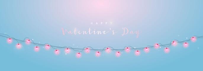 Sticker - Valentine's day horizontal banner with glowing lights in formed hearts. Festive vector banner with lights garlands.