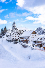 Monte Lussari Little Village Covered With Snow In Tarvisio, Friuli Venezia Giulia, Northern Italy.