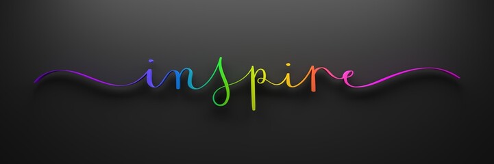 3D render of rainbow-colored INSPIRE brush calligraphy on dark background