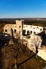 Ruins of medieval Tenczyn castle in Rudno near Krakow in Poland. Aerial view during autumn.