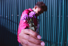 Close-up Of Man Holding Purple Flowers