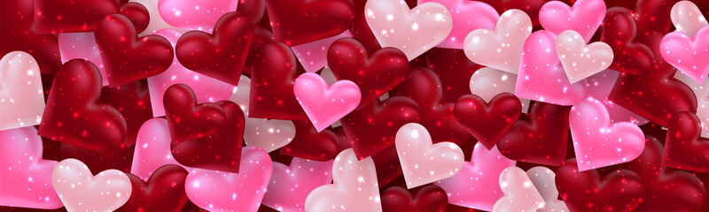 Wall Mural - Valentines Day banner or header. Background with 3d pink and red hearts. Love design concept. Vector illustration.