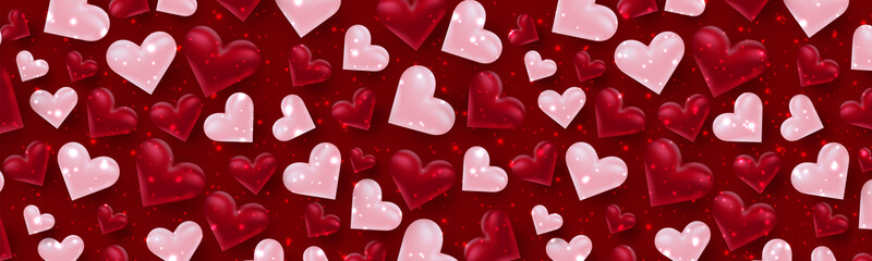 Wall Mural - Valentines Day banner or header. Background with 3d pink and red hearts. Love design concept. Vector illustration.