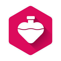 White Bottle with love potion icon isolated with long shadow. Valentines day symbol. Pink hexagon button. Vector Illustration