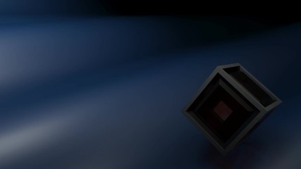 Poster - A cube having glass faces and metallic chrome structure is over a dark blue waved background - 3D rendering video clip