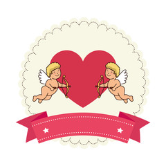 Wall Mural - cupids with heart and ribbon isolated icon