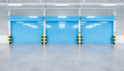 Wall Mural - Roller door or roller shutter inside factory, warehouse or industrial building. Modern interior design with polished concrete floor and empty space for product display, industry background. 3d render.