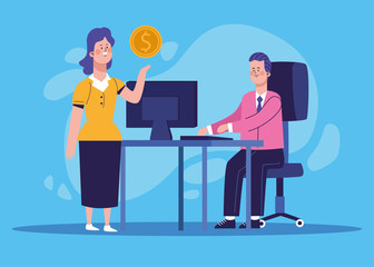 Wall Mural - cartoon businesswoman with money coin and businessman at office