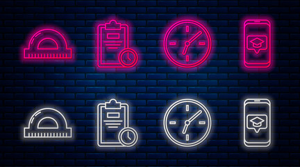 Wall Mural - Set line Exam sheet with clock, Clock, Protractor grid for measuring degrees and Graduation cap on screen smartphone. Glowing neon icon on brick wall. Vector