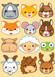 Collection of cute baby animals in cartoon, 12 item face happy animals