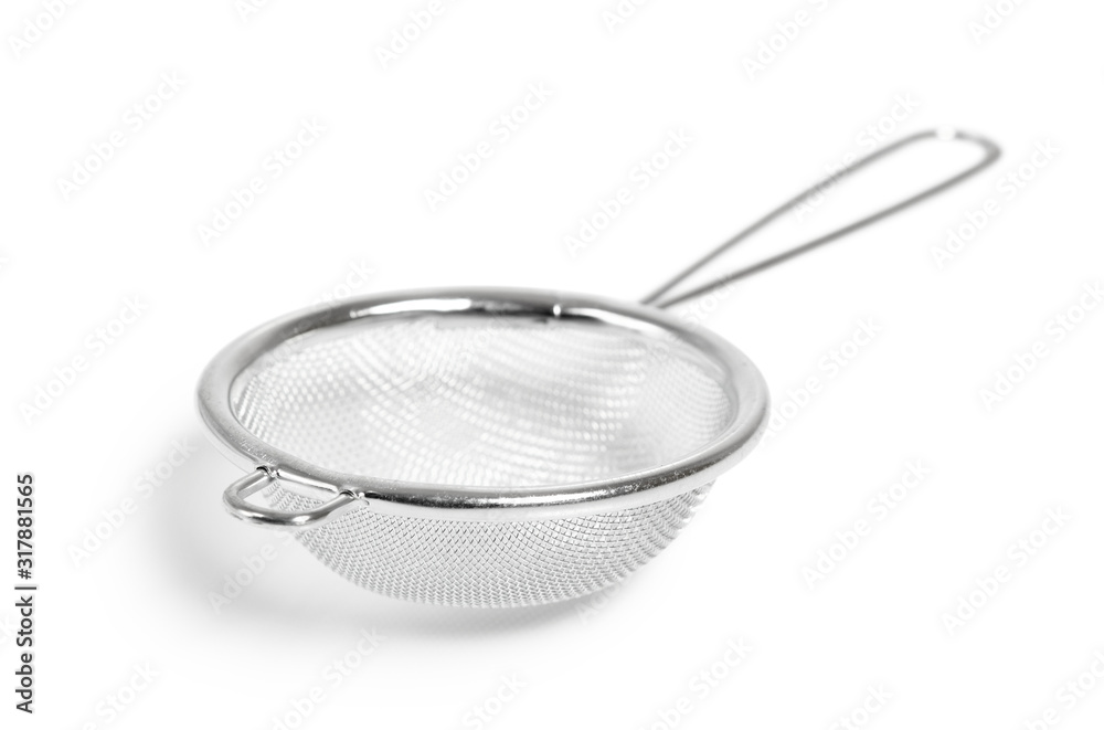 Tea strainer (small sieve) with handle. Isolated with clipping path. - obrazy, fototapety, plakaty 