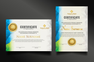 Set certificate template with dynamic and futuristic polygonal color and modern background.