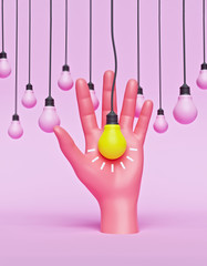 Fototapete - set of Hanging light bulbs with a hand. minimal design. idea, Leadership, and different concept. 3d rendering