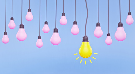 Fototapete - Set of hanging light bulbs with one glowing. creative Trendy light bulb, concept of idea on blue background. 3d rendering