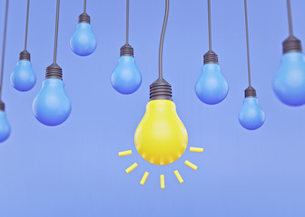 Fototapete - Set of hanging light bulbs with one glowing. creative Trendy light bulb, concept of idea on blue background. 3d rendering