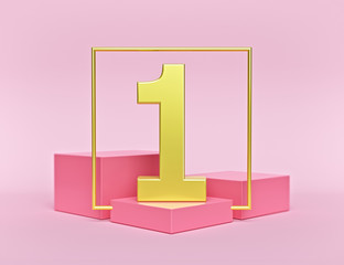 Poster - abstract shapes background with podium and golden Number one. concept of First place winner. minimal style. 3d rendering