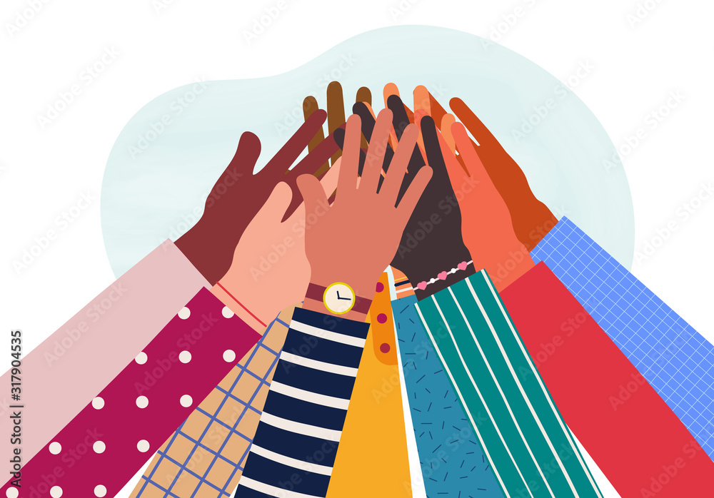 Hands of diverse group of people together raised up. Concept of support and cooperation, friendship. - obrazy, fototapety, plakaty 