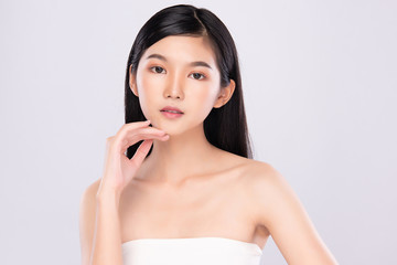 Portrait beautiful young asian woman clean fresh bare skin concept. Asian girl beauty face skincare and health wellness, Facial treatment, Perfect skin, Natural make up, on white background,two