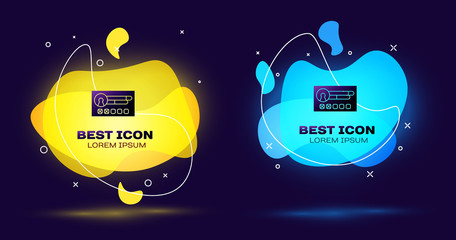 Black Create account screen icon isolated on blue background. Set abstract banner with liquid shapes. Vector Illustration