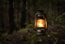 Vintage Gasoline Oil Lantern Lamp Burning With A Soft Glow Light In An Dark Forest / Wood. Light In The Darkness. Travel Outdoor Concept Image.