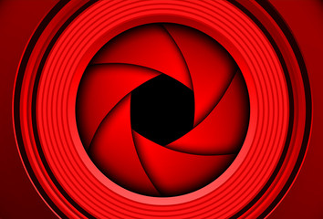 Poster - Technology background, red camera photo lens with shutter