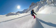 FOLLOW: Young woman shreds the fresh powder snow while snowboarding off piste.
