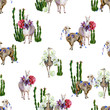 Funny watercolor seamless pattern of brown alpaca and cute cartoon llama with pasque-flower and peony illustration and cactus. Cute ostrich with white orchid hand-drawn illustration.