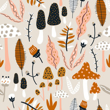 Seamless Woodland Pattern With Mushrooms And Floral Elements. Creative Autumn Texture For Fabric, Wrapping, Textile, Wallpaper, Apparel. Vector Illustration