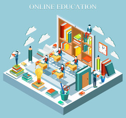 Wall Mural - Online education concept. Isometric flat design. Vector illustration.