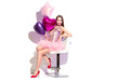 © Subbotina Anna - Beauty fashion model party girl with heart shaped air balloons having fun, sitting on chair. Isolated on white. Valentine's Day, birthday. Holiday celebration. Beautiful young pin up woman full length