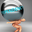 Dependency as a burden and weight on shoulders - symbolized by word Dependency on a steel ball to show negative aspect of Dependency, 3d illustration