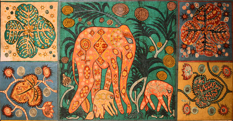 National pattern Sri Lanka, texture, picture of an elephant with two little elephants in a floral ornament