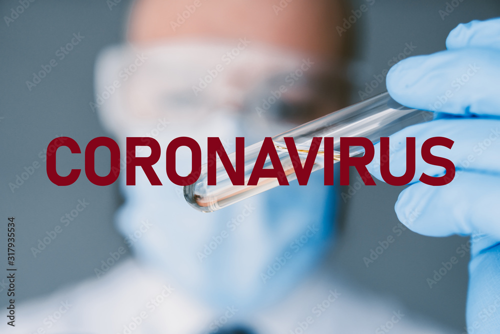 Coronavirus Researcher holds test tube with coronavirus virus, analysis and medicine to fight the epidemic. - obrazy, fototapety, plakaty 