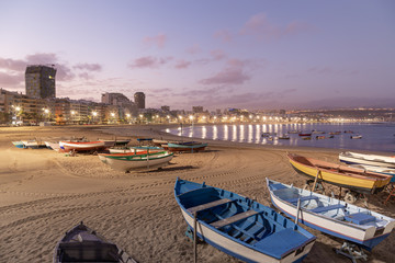 Sunrise on Las Canteras beach in Las Palmas de Gran Canaria, canary islands, Spain. .Canary and beach holidays concept.