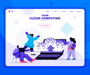 Poster - Cloud computing landing page vector template. Data and info storage website header UI layout with flat illustration. Database server, hosting infrastructure web banner flat concept