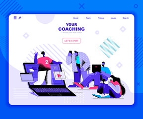 Poster - Coaching landing page vector template. Business training team website header UI layout with flat illustration. Professional meeting in workplace web banner flat concept