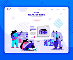 Poster - Real estate landing page vector template. Private property website header UI layout with flat illustration. Residential apartment, buildings and skyscrapers web banner flat concept