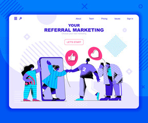 Poster - Referal marketing landing page vector template. Target advertising content website header UI layout with flat illustration. Viral trend, e-commerce campaign web banner flat concept