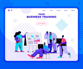 Poster - Business training landing page vector template. Coaching session with mentor website header UI layout with flat illustration. Seminar for employees and executives web banner flat concept