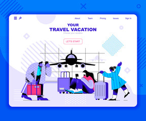 Poster - Travel vacation landing page vector template. International voyage with suitcase website header UI layout with flat illustration. Tourism and adventure web banner flat concept