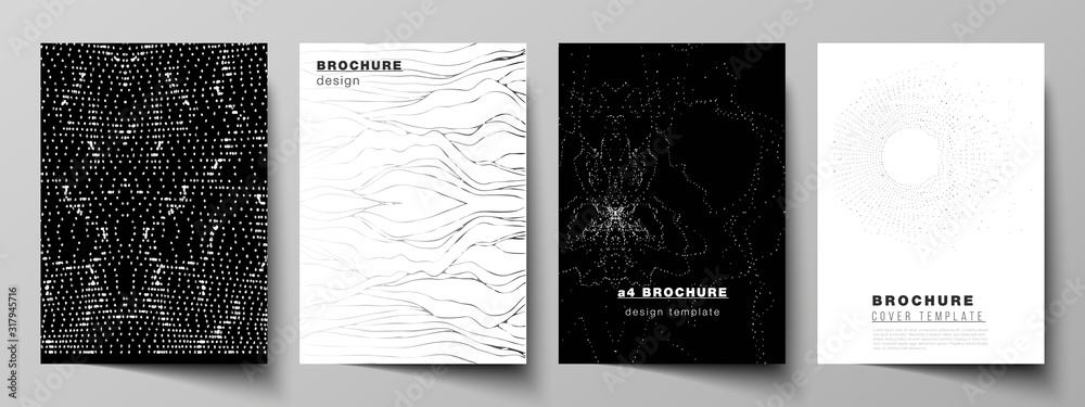 The vector layout of A4 format modern cover mockups design templates for brochure, magazine, flyer, booklet. Trendy modern science or technology background with dynamic particles. Cyberspace grid. - obrazy, fototapety, plakaty 